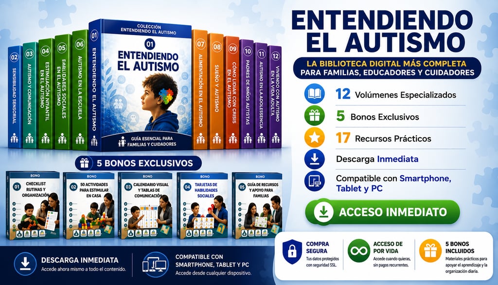 Colección digital Entendiendo el Autismo con 12 libros y bonos exclusivos para familias y educadores.