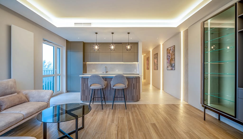 Nowoczesny salon z aneksem kuchennym, wyspą barową, krzesłami i oświetleniem LED