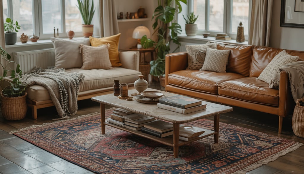 Wide angle view of a cozy bohemian living room showing mixed furniture styles, vintage rug layered o