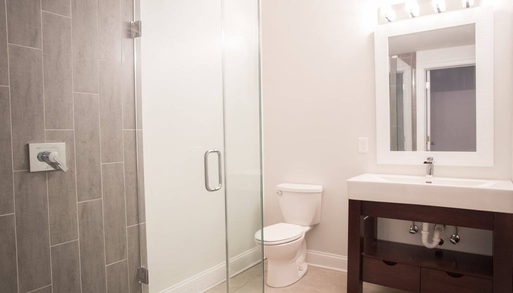 Bathroom remodel with new vanity and tile flooring in Columbus, Ohio