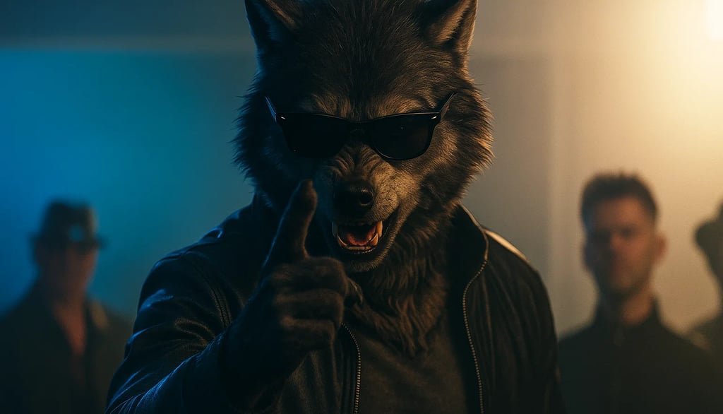 a wolf dog in a leather jacket with sunglasses on