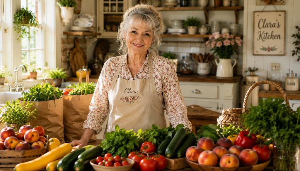 A smiling woman in a personalized apron stands behind a counter filled with fresh farm-to-table vegetables and fruits.