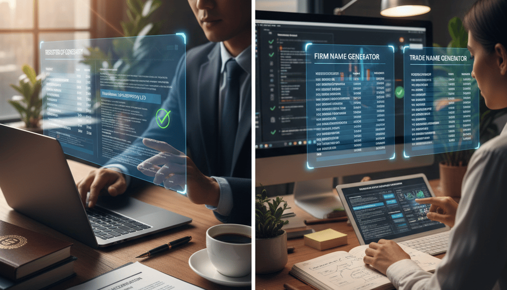 lady searching on laptop firm name generator