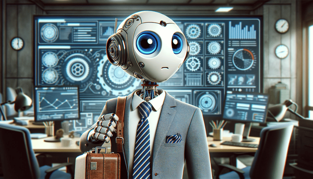 Un robot en costard cravate qui ressemble à C3PO et confus d'être au travail