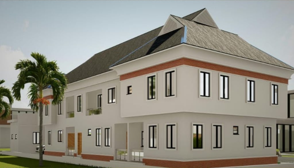 a house with a large white house with a black roof