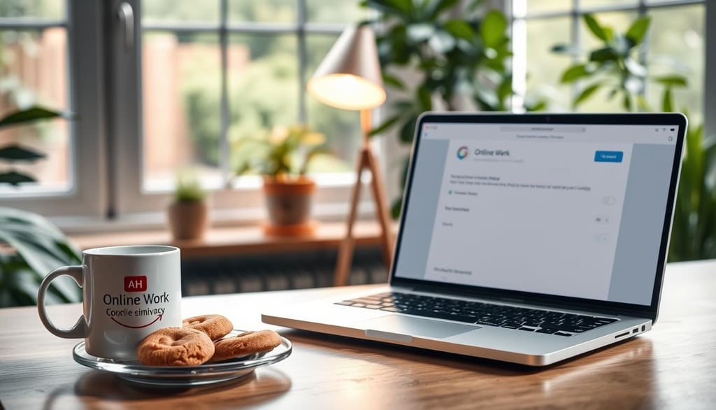 A serene home office scene showcasing the management of cookies and online privacy. In the foregroun