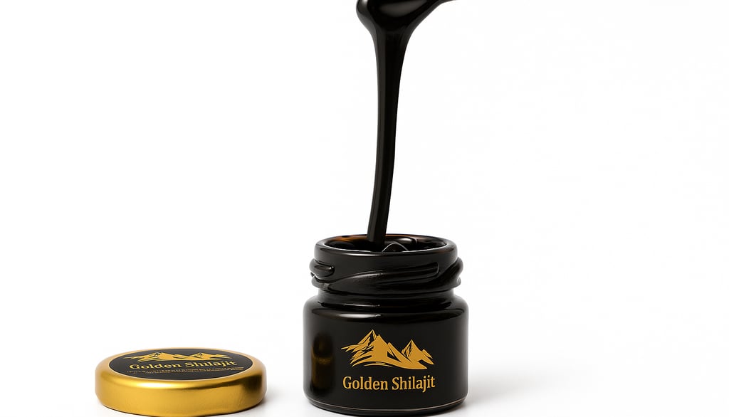 Pure Himalayan Golden Shilajit resin dripping from a spoon into a black glass jar.