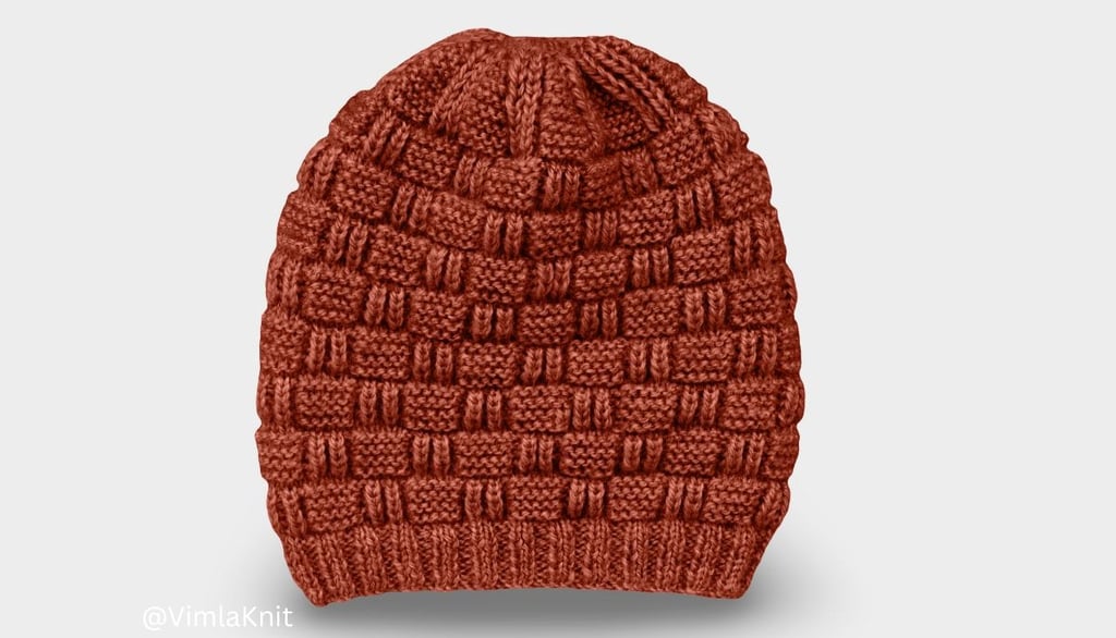 Brown hand-knitted beanie with checkerboard stitch pattern on a light background.