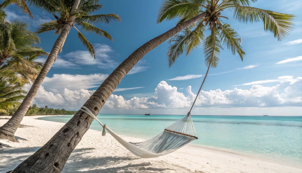 a hammock hanging from a palm tree on a beach