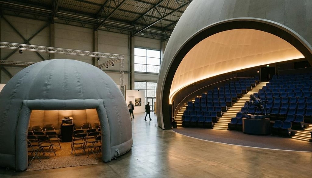 Small portable inflatable dome beside a large fixed planetarium theatre, size comparison.