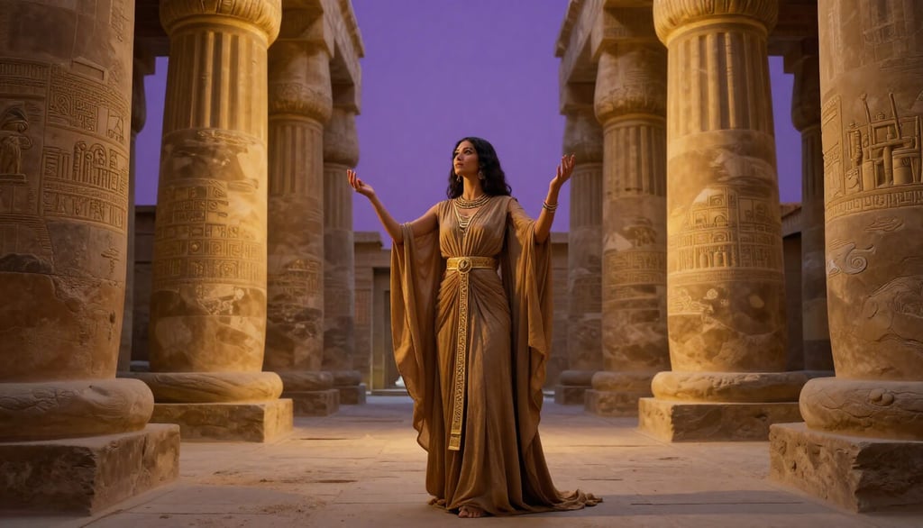 Woman in earth-toned robes standing in ancient stone temple with hands raised in golden hour light