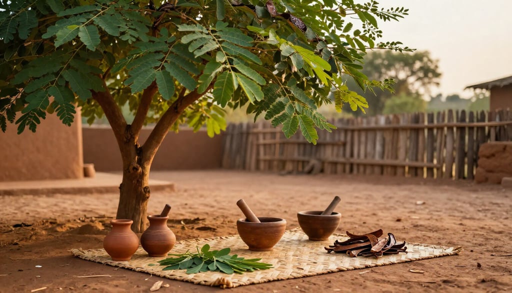 West African village moringa tree with traditional clay preparation vessels below