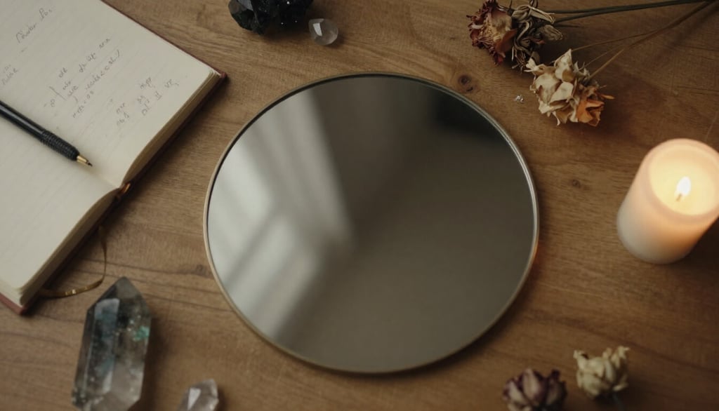 Shadow work practice tools including journal, crystals, and candle for self-discovery