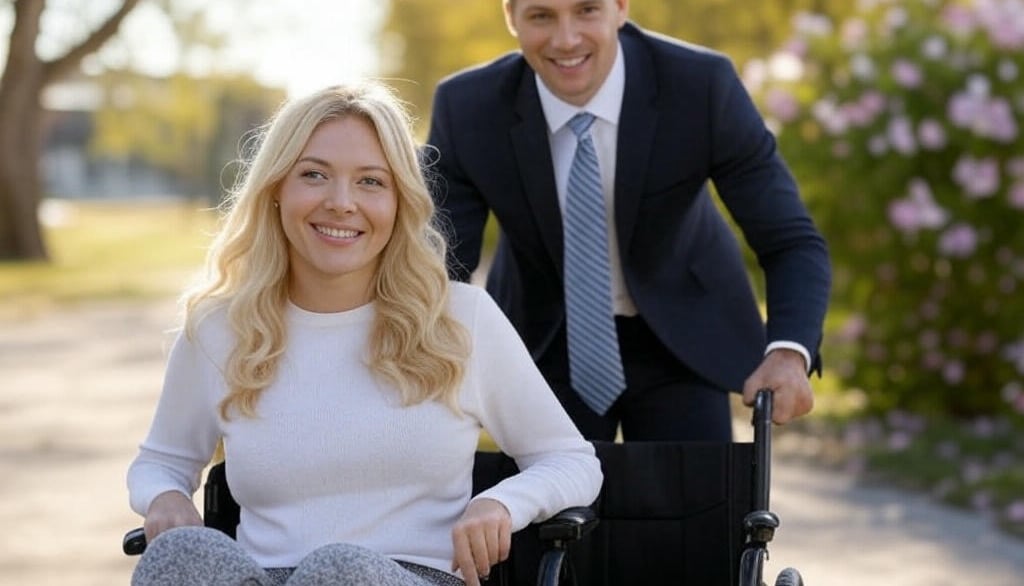 a man and woman in a wheelchair in a park