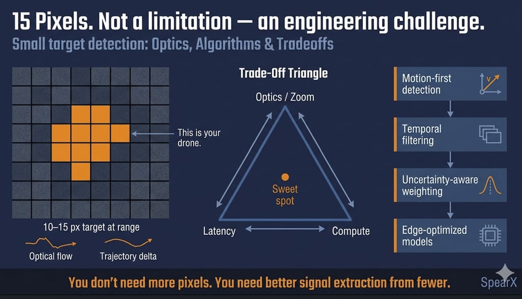 Infographic detailing drone detection engineering challenges including optical flow, compute latency, and trade-off
