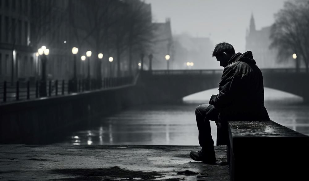 a man sitting on a bench in the rain