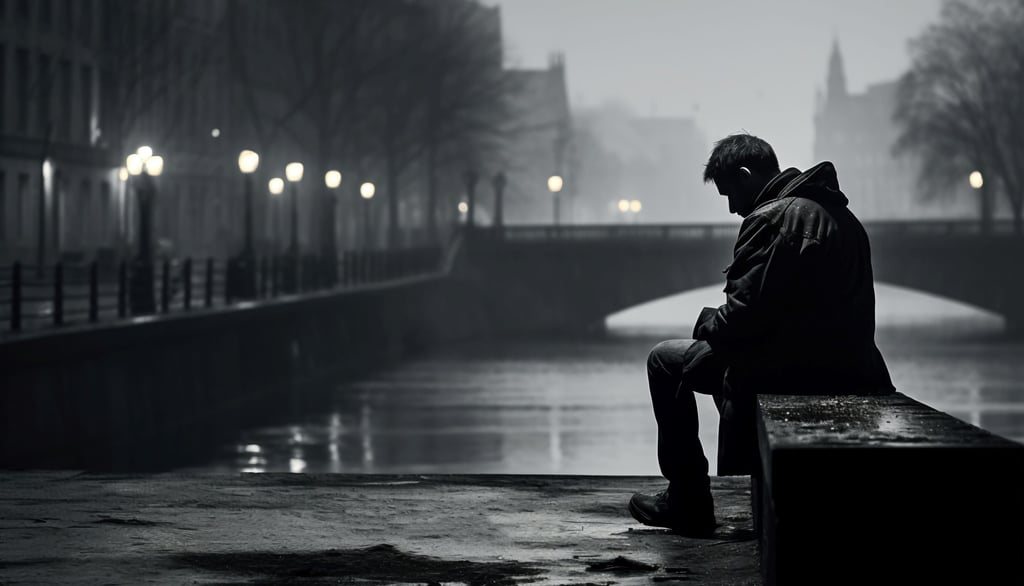 a lonely man sitting on a bench in a city