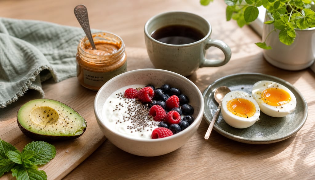 Warm breakfast flat-lay — Greek yogurt with berries, avocado, soft-boiled eggs, almond butter, sage.