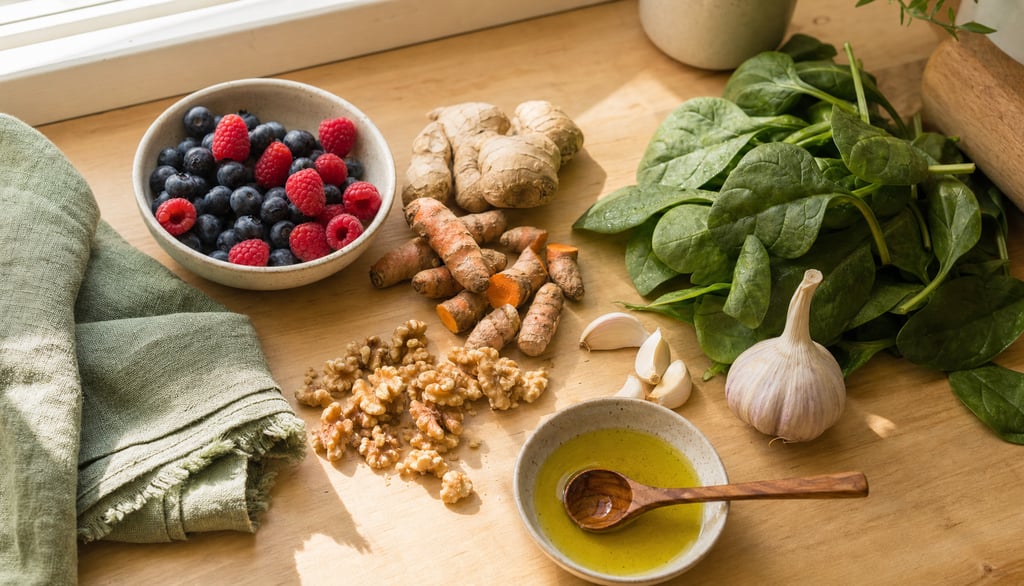 Healthy superfoods on a wooden counter including blueberries, spinach, ginger, walnuts, and turmeric.