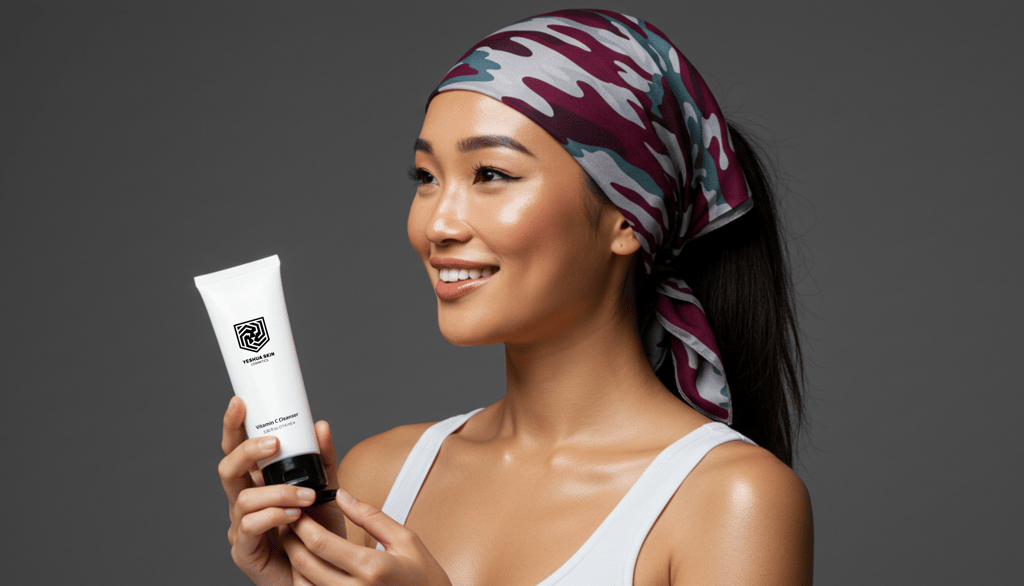 Joyful woman holding YESHUA Skin Vitamin C Cleanser