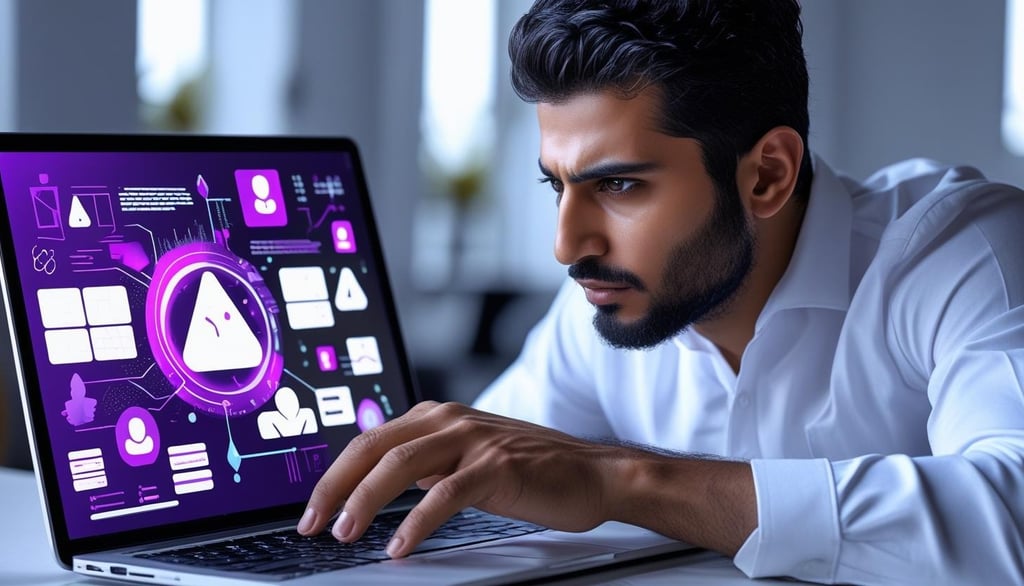 Online entrepreneur actively finding digital tools on laptop.