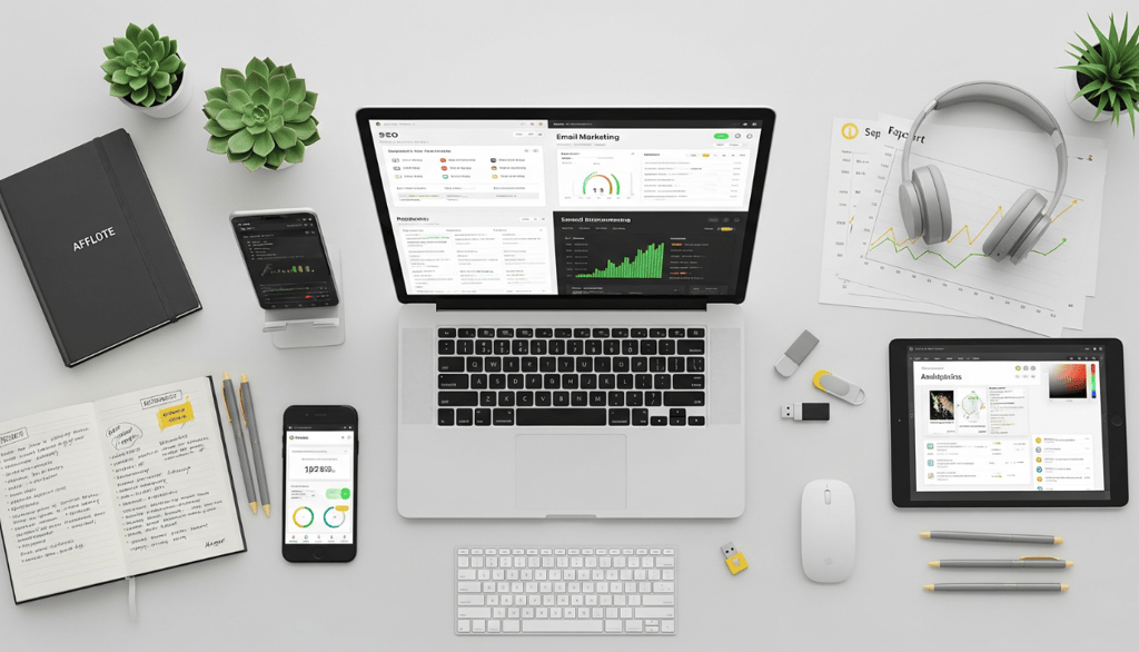 A top-down view of a marketer's desk with a laptop showing affiliate tools and various tech accessor