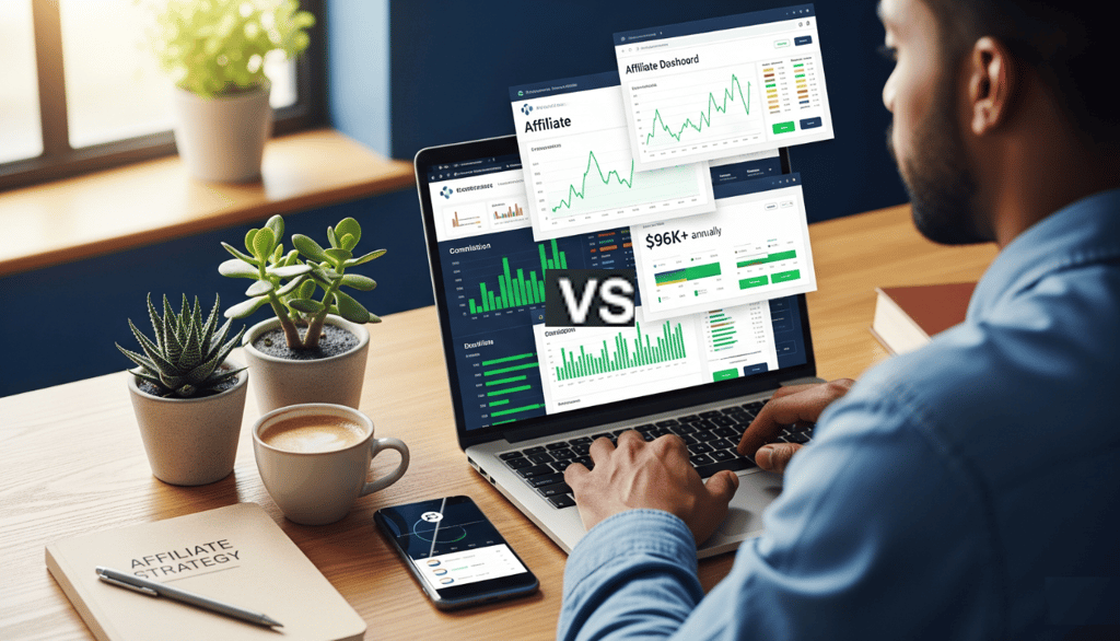 A vibrant, modern workspace showing a person on a laptop with affiliate dashboards and earnings 