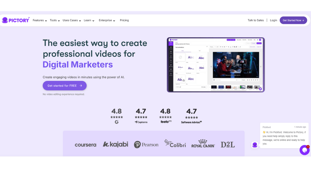 Dashboard of Pictory AI