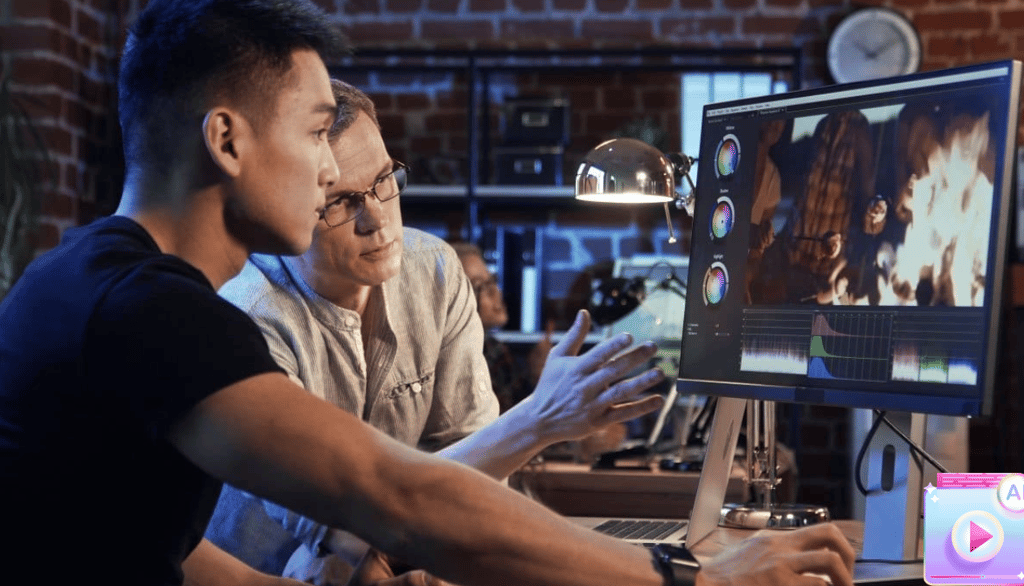 two men sitting at a computer screen and creating video with AI software