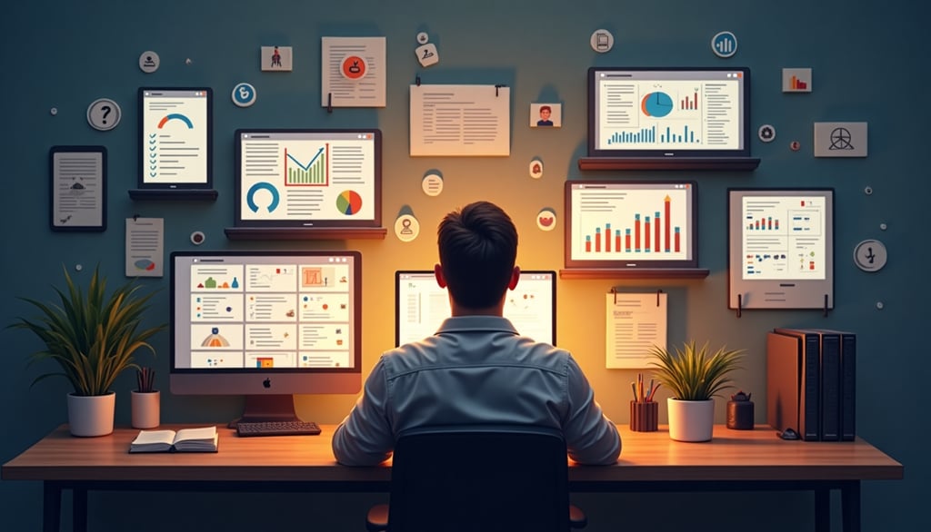a man sitting at a desk with a computer monitor displaying dashboard, checkout, sales page etc