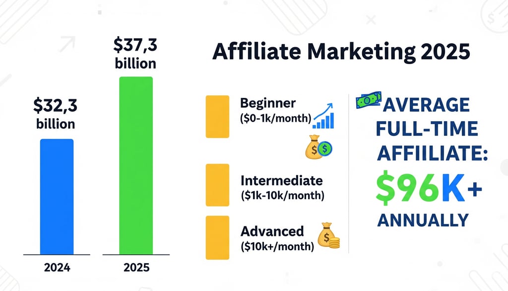 Illustrating affiliate marketing industry growth from 2024 to 2025 and different earning tiers