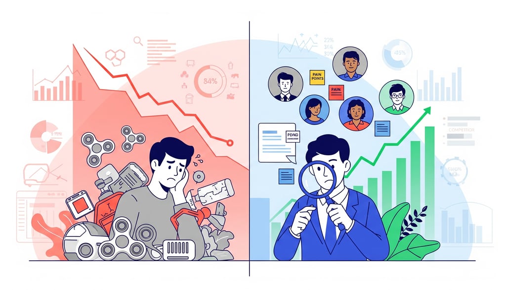 Split-screen of a frustrated person with declining sales versus a focused one with growing profits.