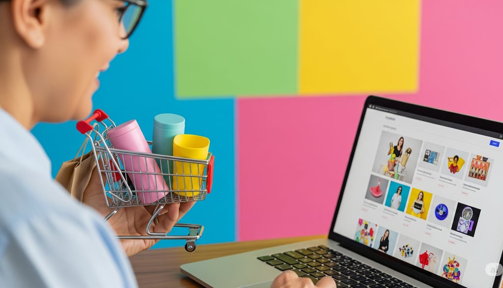 A person shopping on the laptop while holding a shopping cart on their hand