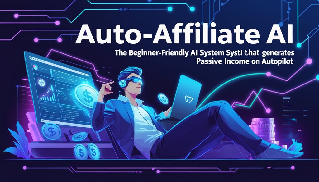 a man sitting on a couch with a laptop and headphones and with a text Auto Affiliate AI