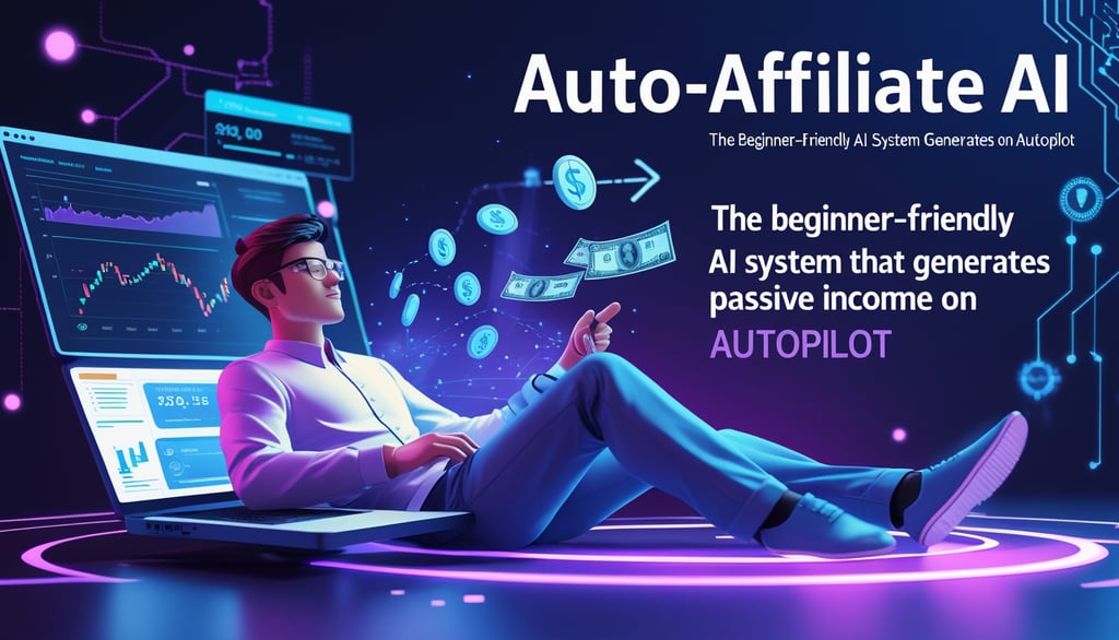 a man sitting close to a laptop computer with a text Auto-Affiliate AI