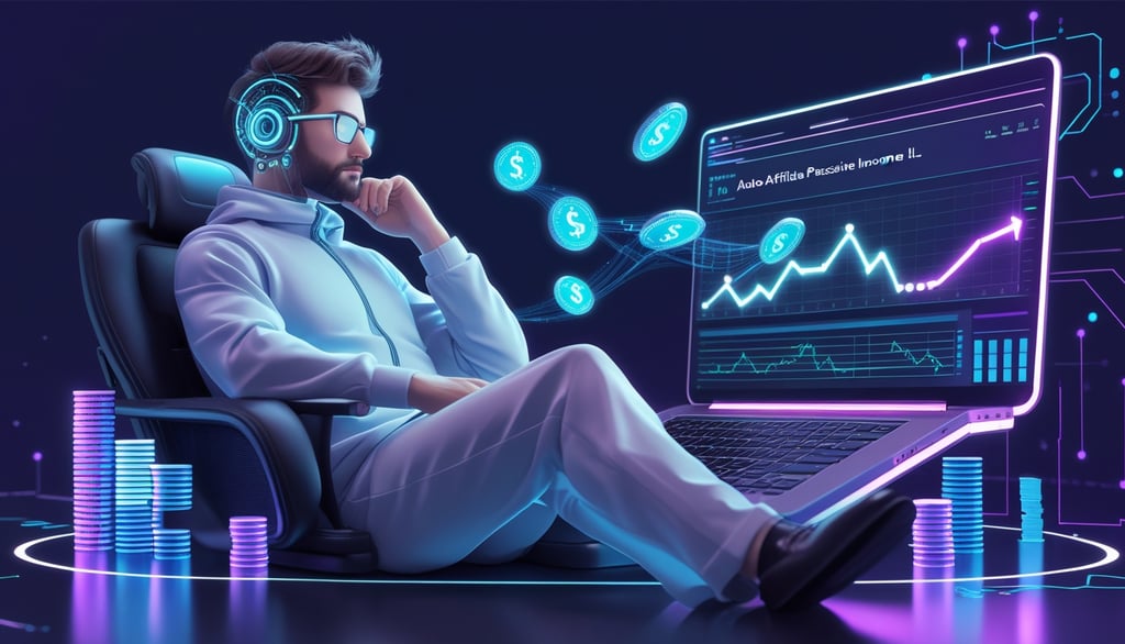A man sitting with a headphone watching a large computer screen with dollar bills sign floating