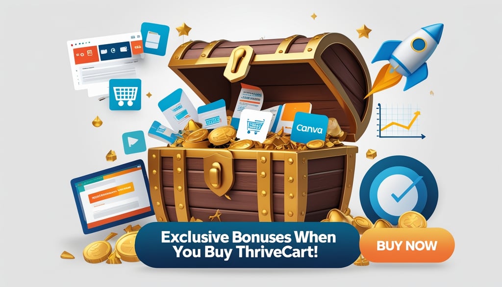 a chest trunk full of money and exclusive bonuses when you buy Thrivecart