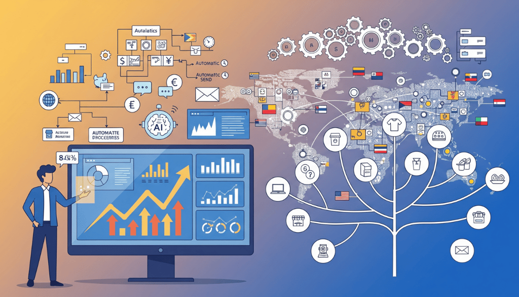 Business scaling illustration with an entrepreneur, global map, and automation tools.