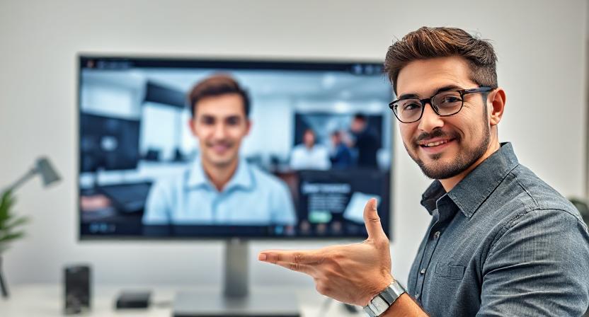 a man in glasses and a shirt is pointing at a video conference