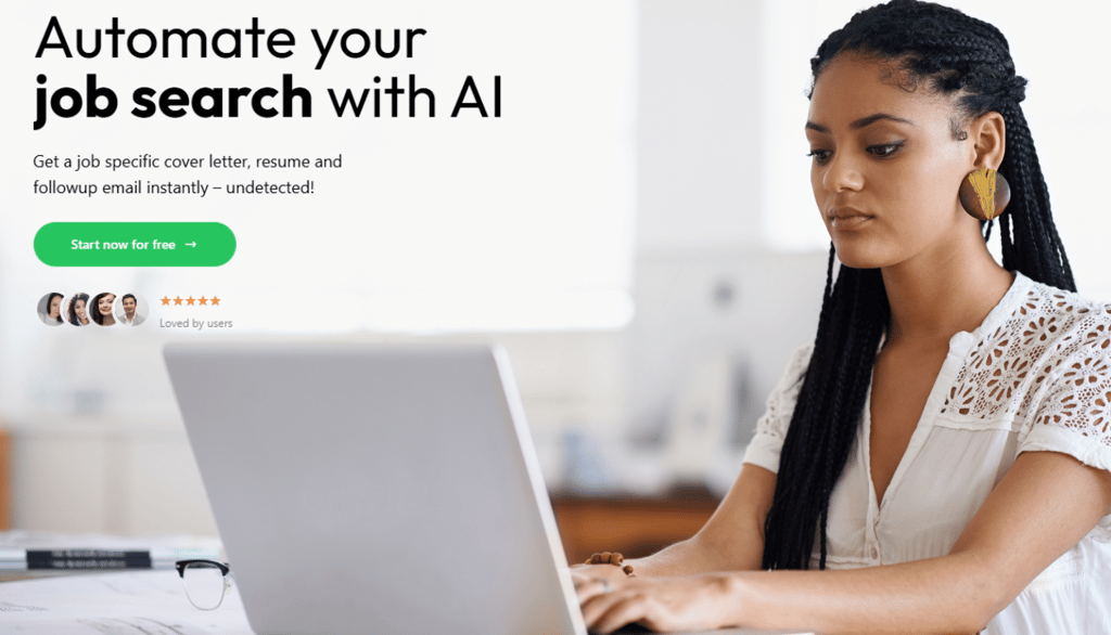 a woman sitting at a desk with a laptop and a text saying Automate your job search with AI