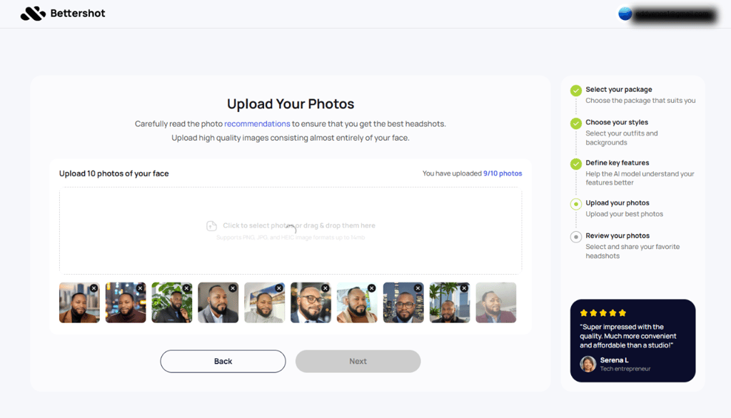 Image showing original photos being uploaded in Bettershot to generate AI headshots