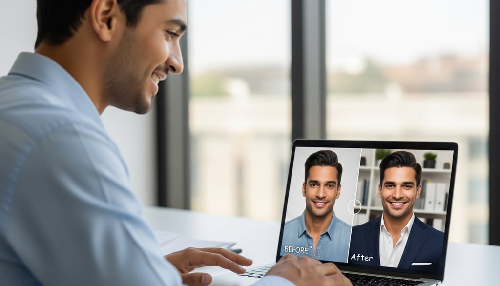 Split-screen on a laptop showing a casual selfie and an AI-generated professional headshot.