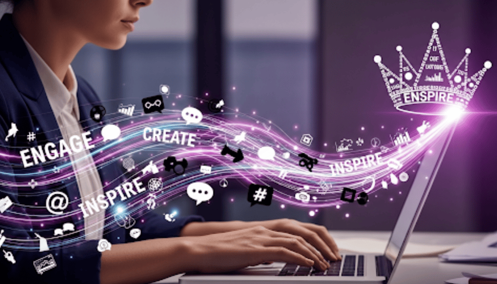 A professional writing a blog post on a laptop with a purple crown icon above the screen.
