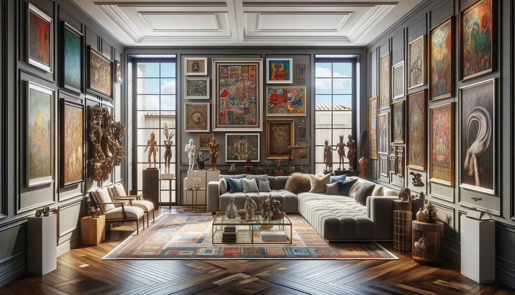 Espaço de um colecionador de arte brasileiro, com uma mistura eclética de pinturas e esculturas