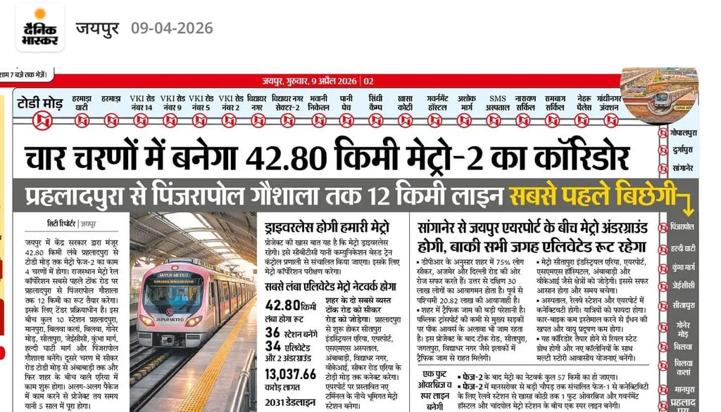 Jaipur Metro Phase-2 map and details: 42.80 km corridor from Prahladpura to Todi Mod