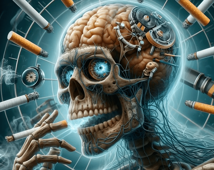 Crâne futuriste entouré de cigarettes, illustrant les dangers du tabac sur le cerveau et le corps