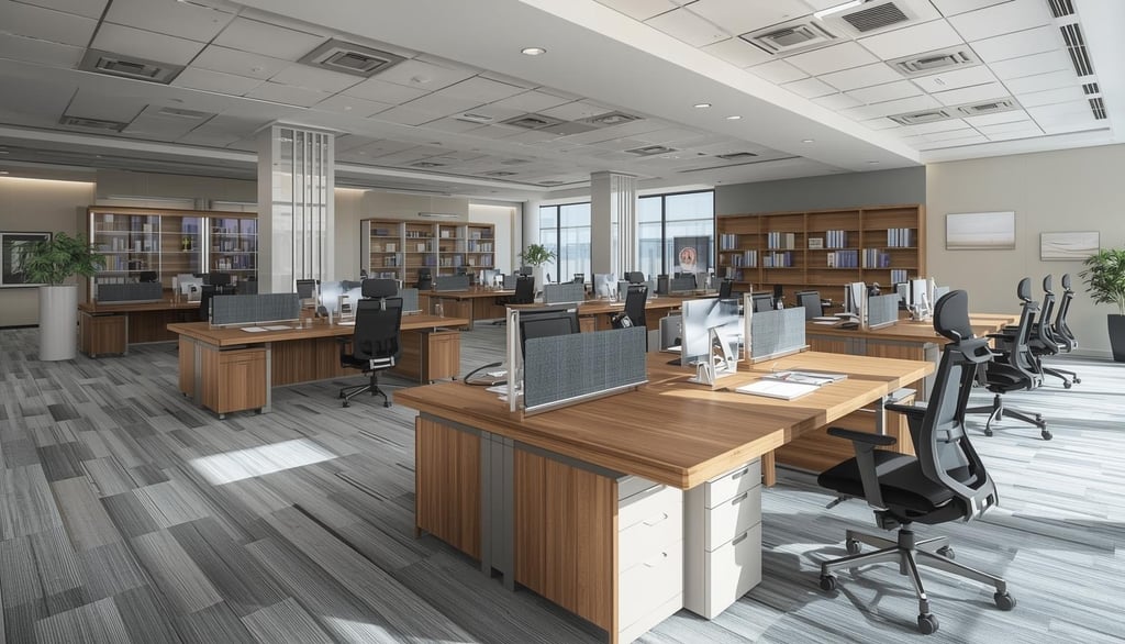 a large open office with a desk and chairs