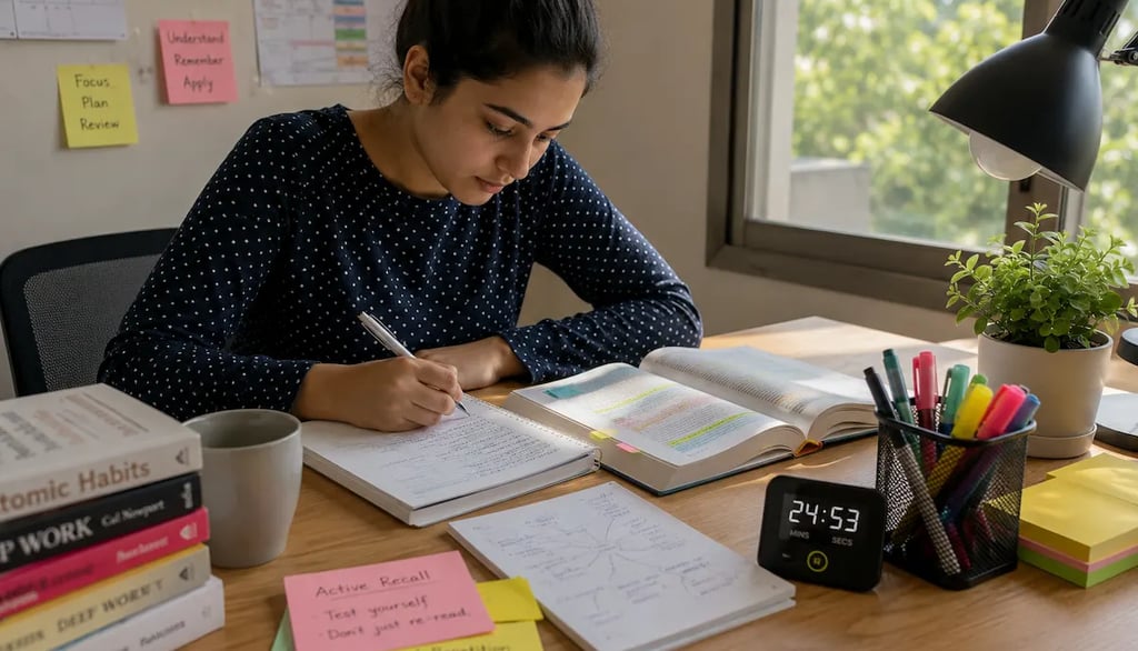 Student using active study techniques with notes, flashcards, and a timer
