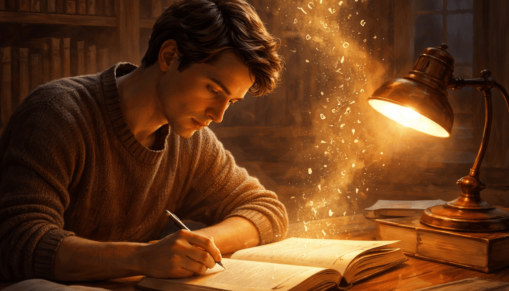 Pessoa lendo e analisando livros clássicos em biblioteca, com palavras flutuando, representando o de