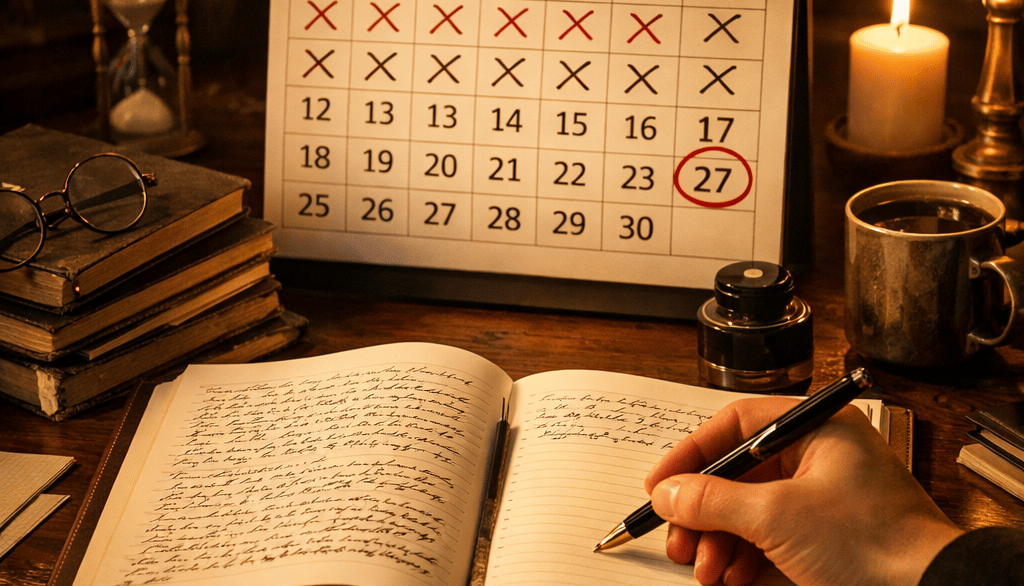 "Mesa de escrita com caderno aberto e mão segurando uma caneta, escrevendo. Ao fundo, um calendário